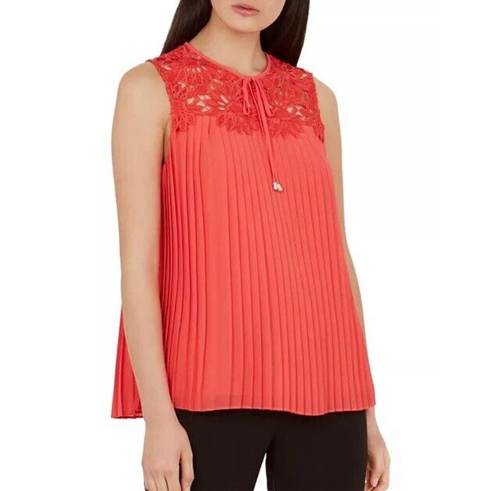 TED BAKER Sherbey Tank Top Blouse Lace Yoke Pleated Sleeveless Size 1 Small 2/4